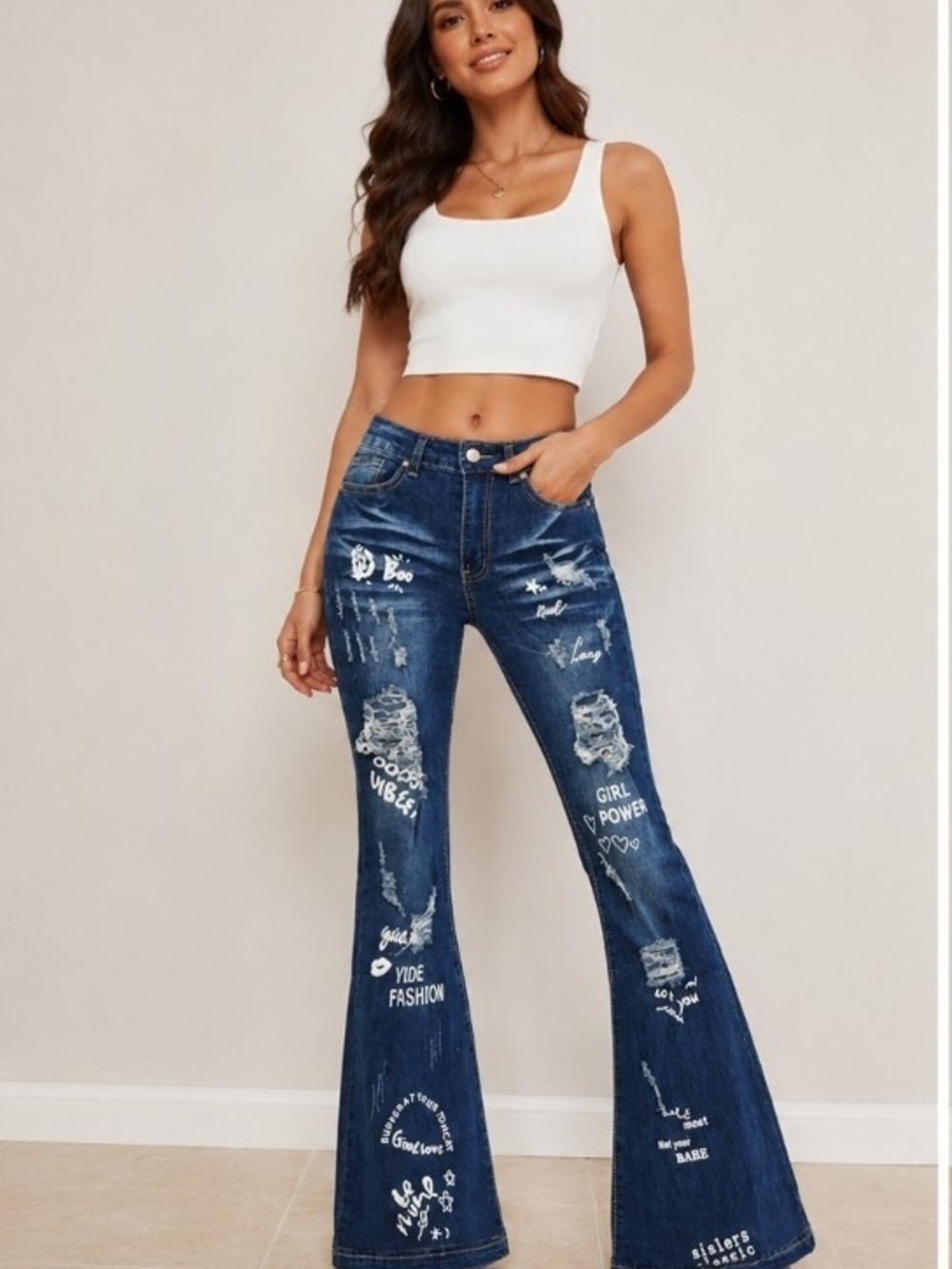 Distressed Graphic Dark Blue Flare Jeans